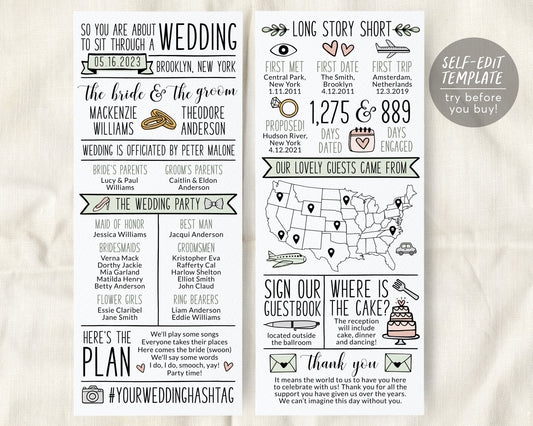 Infographic Wedding Program Editable Template, Order of Ceremony Sage Program, Order Of Events, Unique Hand Drawn Fun Long Icons Wedding