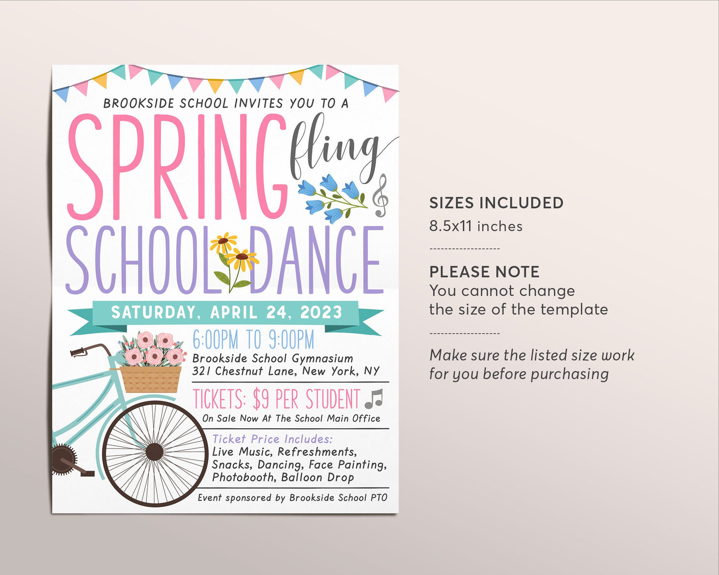 Spring Fling School Dance Flyer Editable Template, Easter School Dance Invite Invitation, School Church Community Event PTO PTA Event