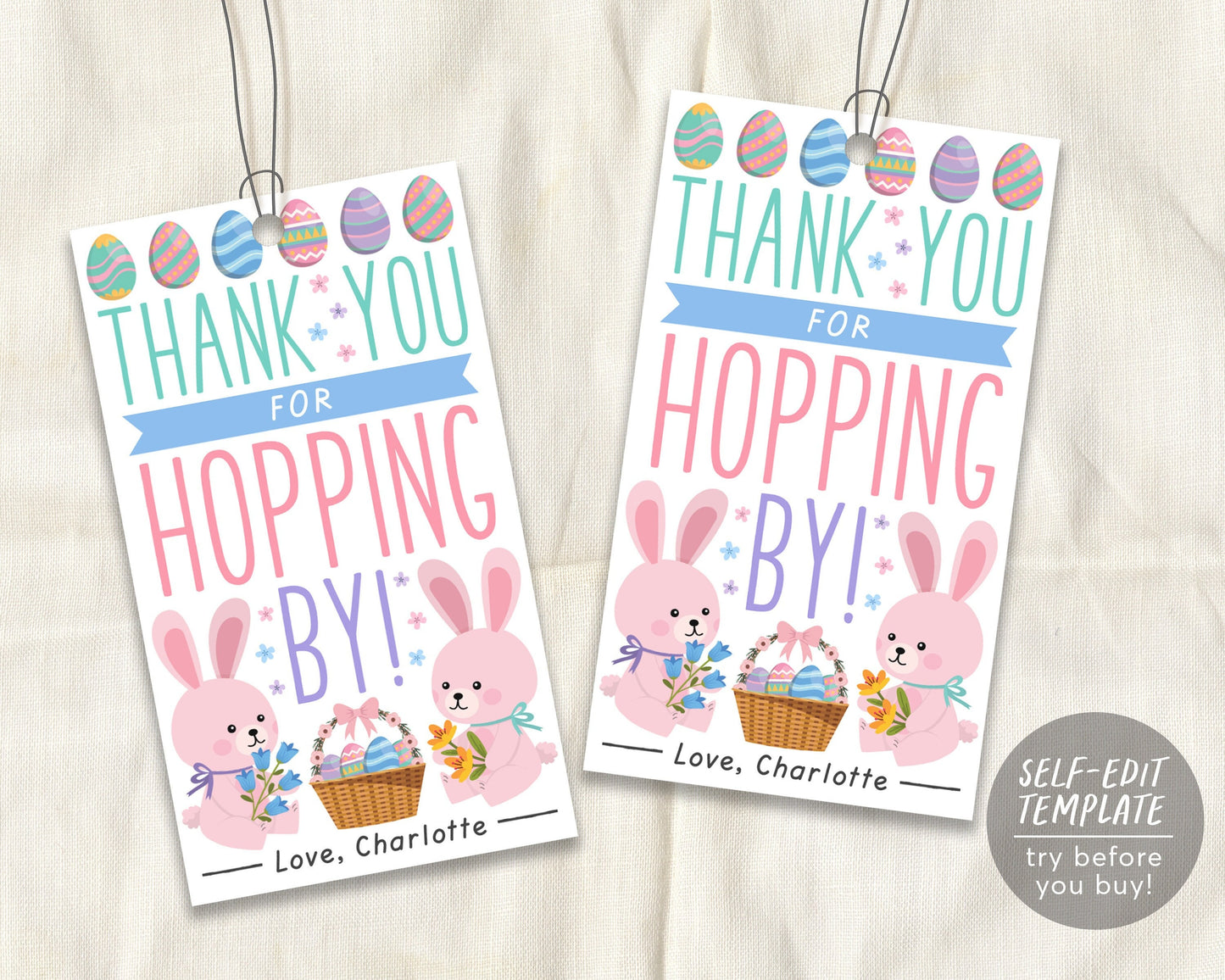 Bunny Thank You Gift Tag Editable Template, Easter Birthday Some Bunny Is One Party Favor Treat Tags, Spring Rabbit Floral Decor Printable