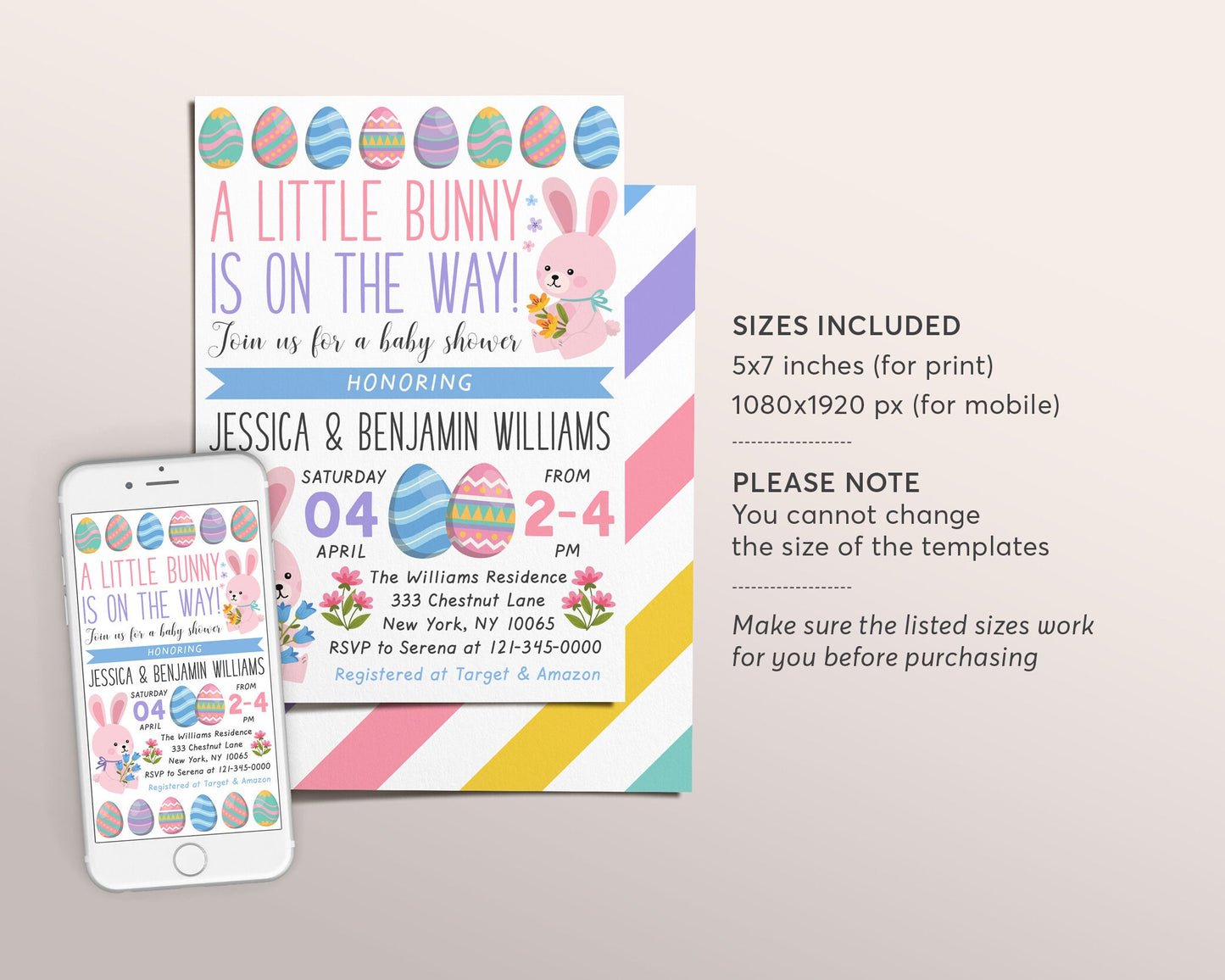 Bunny Baby Shower Invitation Editable Template, Easter Spring Floral Couples Shower Party Invite Evite Rabbit, A Little Bunny Is On The Way