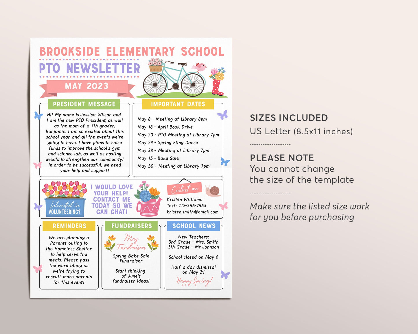 May PTO PTA Newsletter Flyer Editable Template, Spring Floral Flyer Meeting Agenda Organizer Printable Handout, School Year Calendar