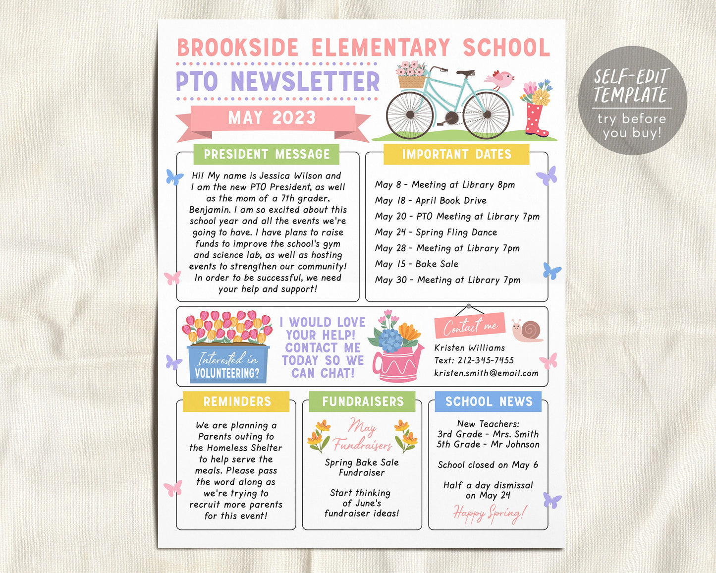 May PTO PTA Newsletter Flyer Editable Template, Spring Floral Flyer Meeting Agenda Organizer Printable Handout, School Year Calendar