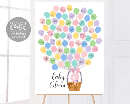 Bunny Baby Shower Guestbook Alternative Editable Template, Easter Basket Balloons Signature Guest Book Rabbit Pastel First Communion Sign In