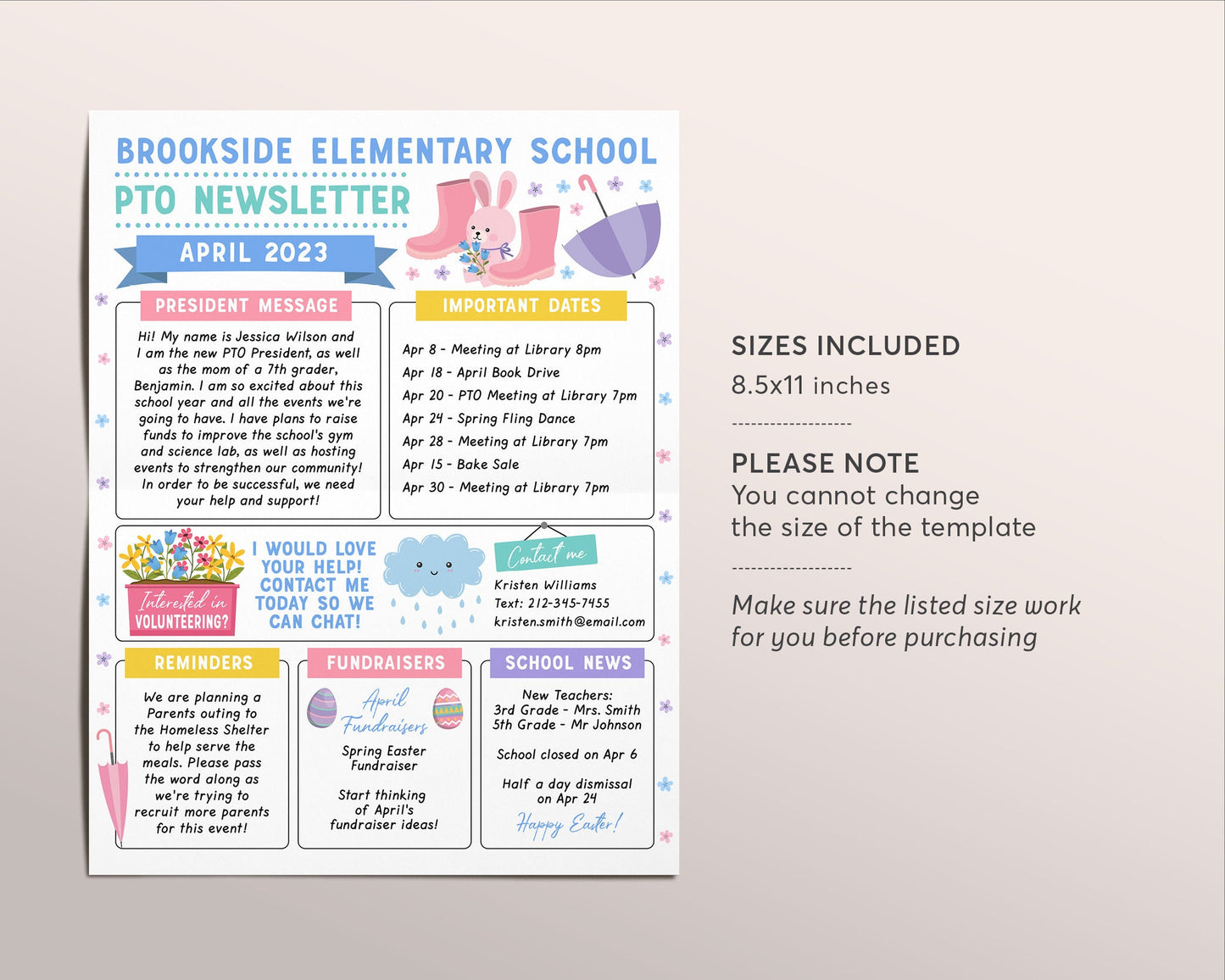 April PTO PTA Newsletter Flyer Editable Template, Easter Bunny April Showers Flyer Meeting Agenda Organizer Printable Handout, Year Calendar