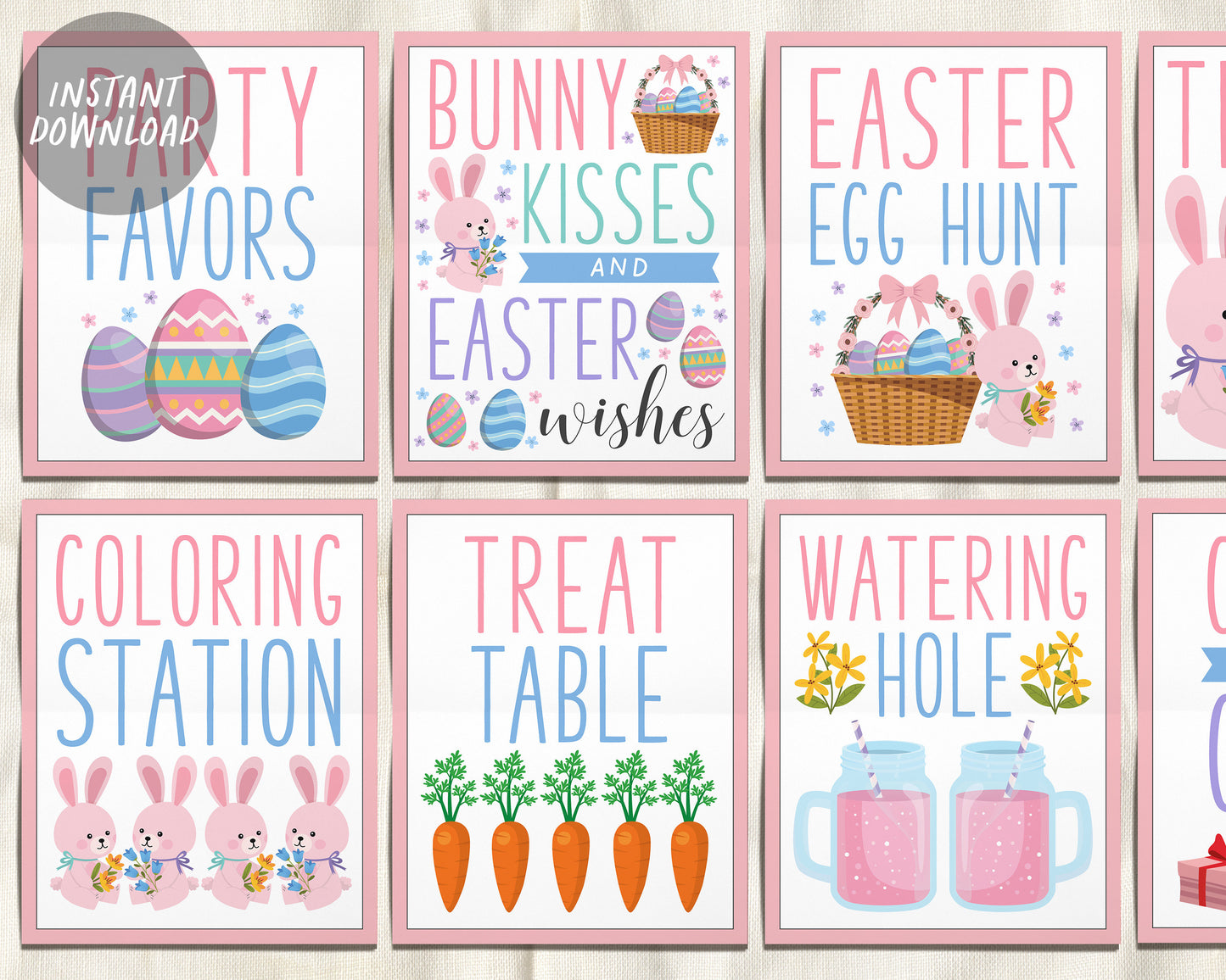 Easter Bunny Spring Signs BUNDLE For Wedding Baby Shower Birthday, Rabbit Pastel Themed Birthday Table Decor, Easter Egg Hunt Sign Printable