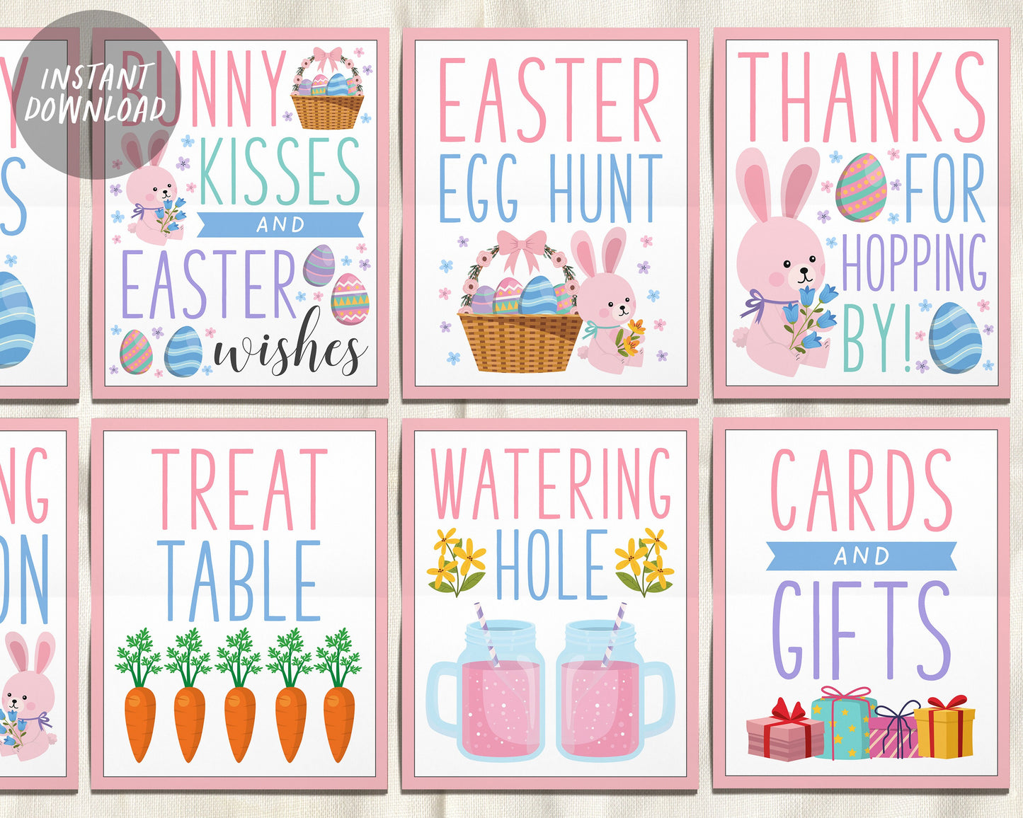 Easter Bunny Spring Signs BUNDLE For Wedding Baby Shower Birthday, Rabbit Pastel Themed Birthday Table Decor, Easter Egg Hunt Sign Printable