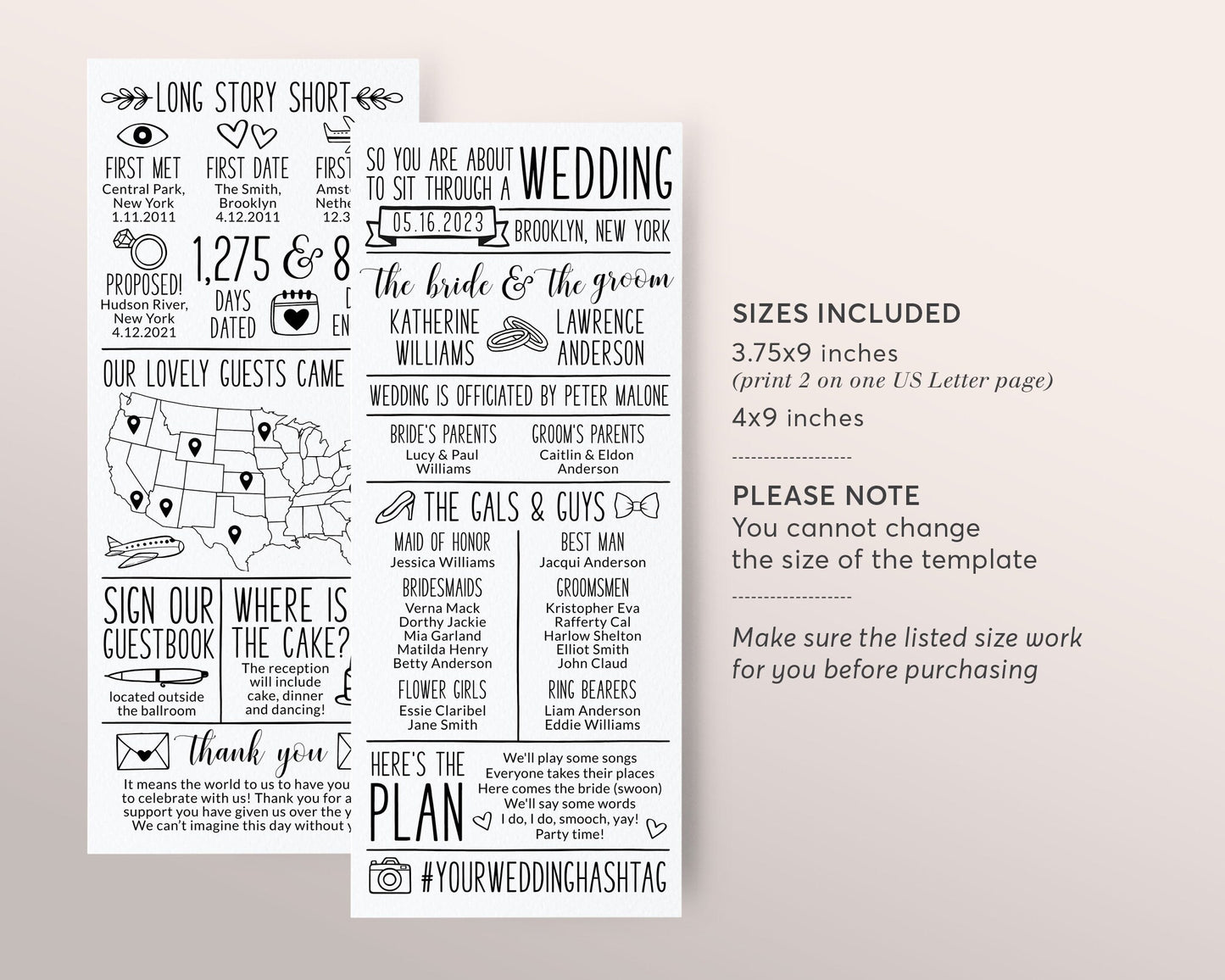 Infographic Wedding Program Editable Template, Black And White Reception Program, Order Of Events, Unique Fun Long Icons Wedding Ceremony