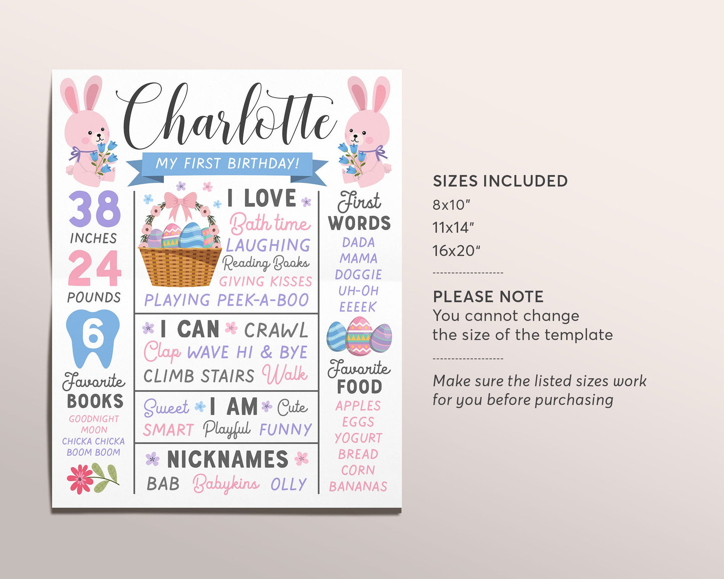 Bunny Milestone First Birthday Sign GIRL Editable Template, Easter Egg Spring Floral Some Bunny Is One 1st Birthday Stats Poster  Printable