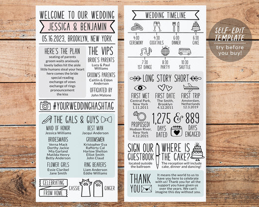 Infographic Wedding Program Editable Template, Order of Ceremony Program, Order Of Events, Unique Hand Drawn Fun Long Icons Wedding Ceremony
