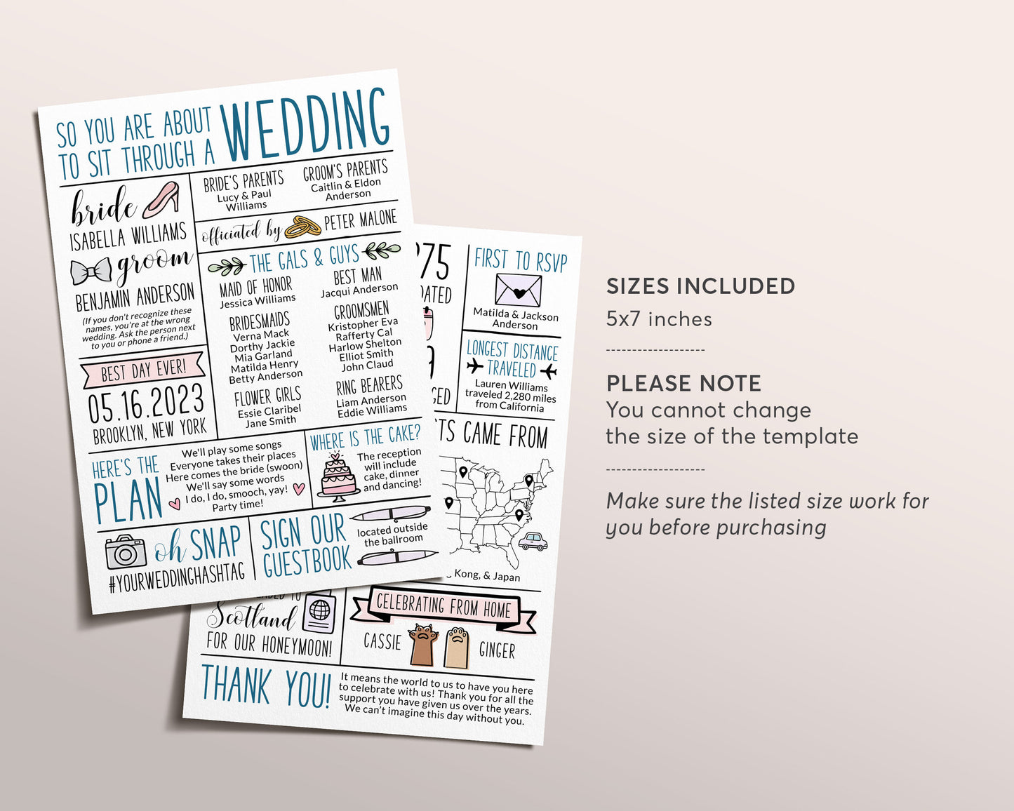 Infographic Wedding Program Editable Template, Reception Program Handdrawn Icons, Wedding Program Printable, Unique Fun Ceremony Program