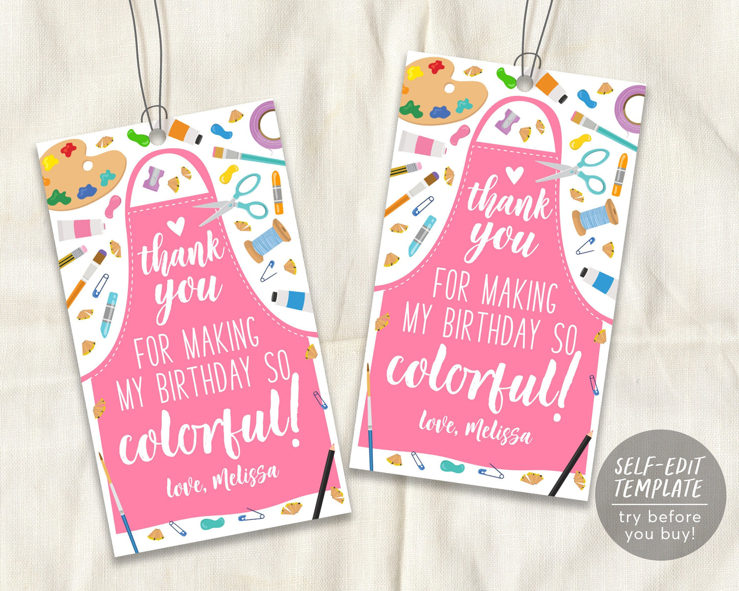 Craft Party Thank You Tags Editable Template, Art Painting Party Birthday Favor Tag, Birthday Girl Pink Paint Brush Decor Favour Printable