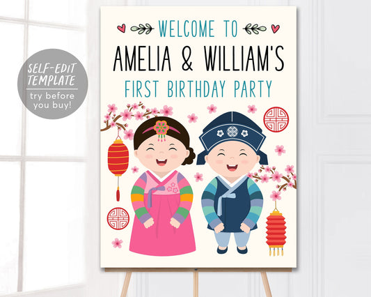 Dohl Twins Welcome Sign Editable Template, Korean First Birthday Party Poster Signage, Doljabi Doljanchi Dol Decorations Decor Printable