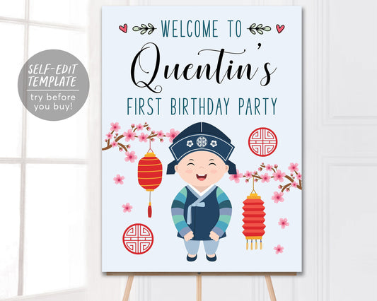 Dohl Boy Welcome Sign Editable Template, Korean First Birthday Party Poster Signage, Doljabi Doljanchi Dol Decorations Decor Printable File
