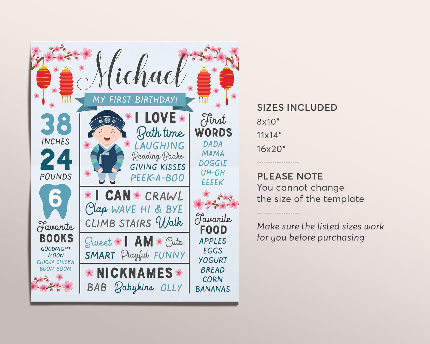 Korean Milestone First Birthday Sign BOY Editable Template, Doljanchi Dol Dohl Doljabi Hanbok Stats Board 1st Birthday Party Poster