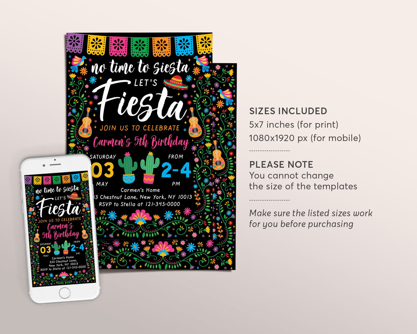 Fiesta Birthday Party Invitation Editable Template, Mexican Theme Girl Party Evite, No Time To Siesta Cinco De Mayo Cactus Succulent