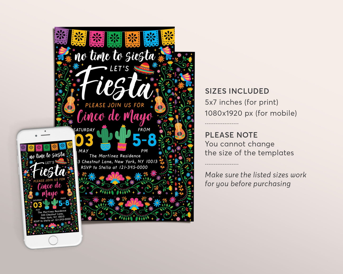 Cinco De Mayo Party Invitation Editable Template, Mexican Fiesta Theme Party Evite, No Time To Siesta Cactus Succulent, Instant Download