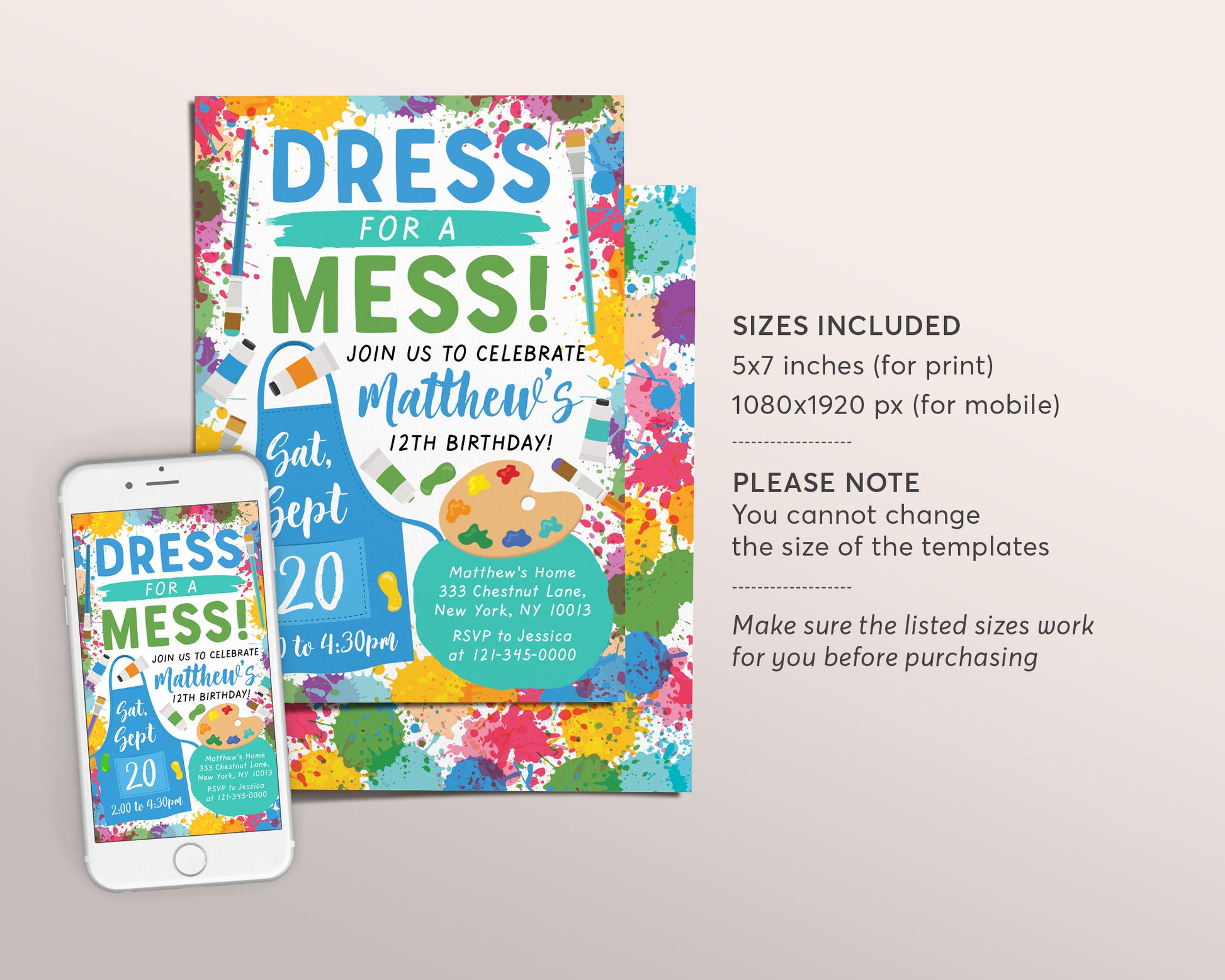 dress for a mess party invitation Dress for A Mess Invitation, Paint Party Art Birthday Party Invitation, Virtual Birthday Invite. Craft Pottery Party, Editable Printable