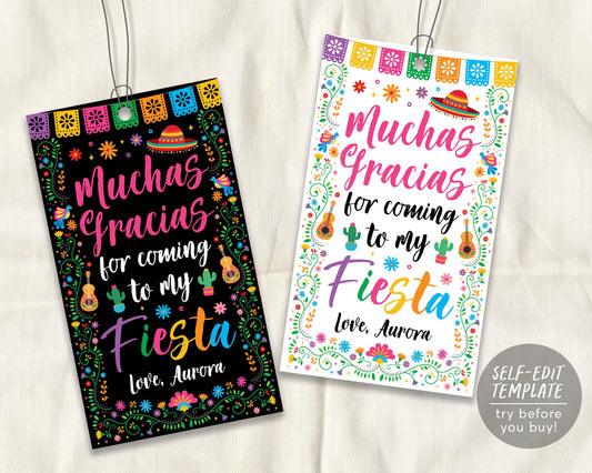 Fiesta Thank You Tags Editable Template For Baby Shower Birthday, Muchas Gracias Bridal Shower Mexican Party Favor Tags, Cinco De Mayo