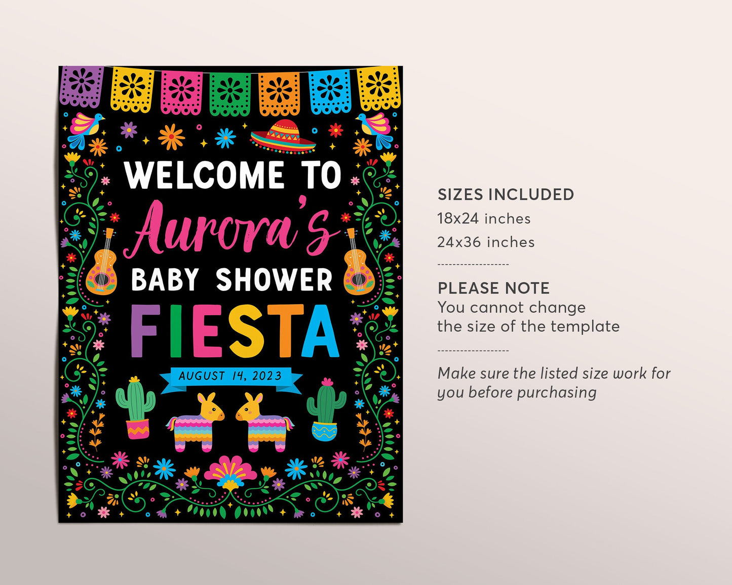 Fiesta Baby Shower Welcome Sign Editable Template, Mexican Theme Sprinkle Coed Couples Shower Poster, Cactus Succulent Piñata Signage