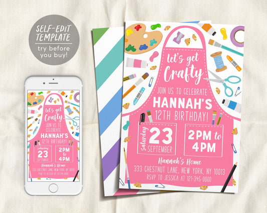 Craft Birthday Party Invitation Editable Template, Summer Craft Art Party, Crafting Theme Birthday, Dress for a Mess Painting Invite Evite