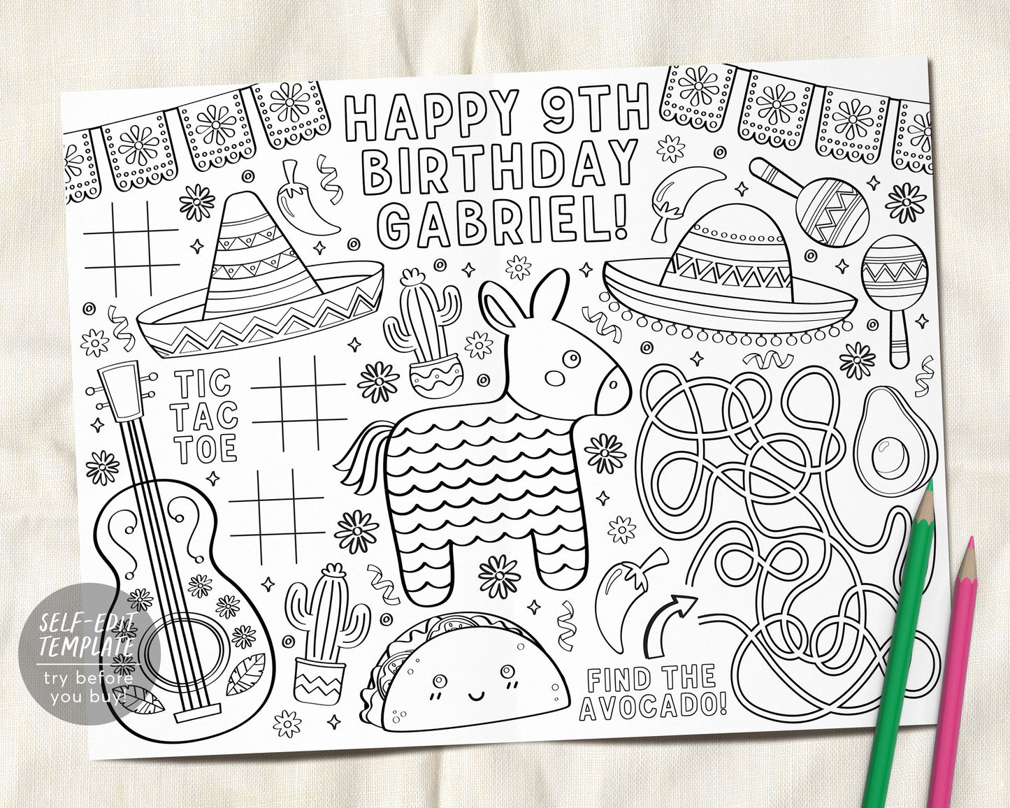 Fiesta Coloring Placemat For Kids Editable Template, Mexican Birthday Party Coloring Page Sheet Table Mat Activity, Cinco De Mayo Piñata
