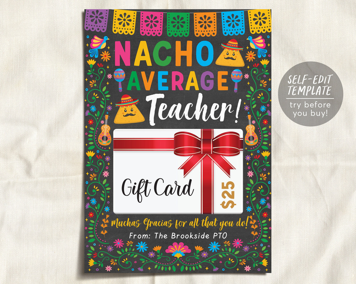Nacho Card Nacho Average Teacher Gift Card Holder Editable Template, Fiesta Cinco ...