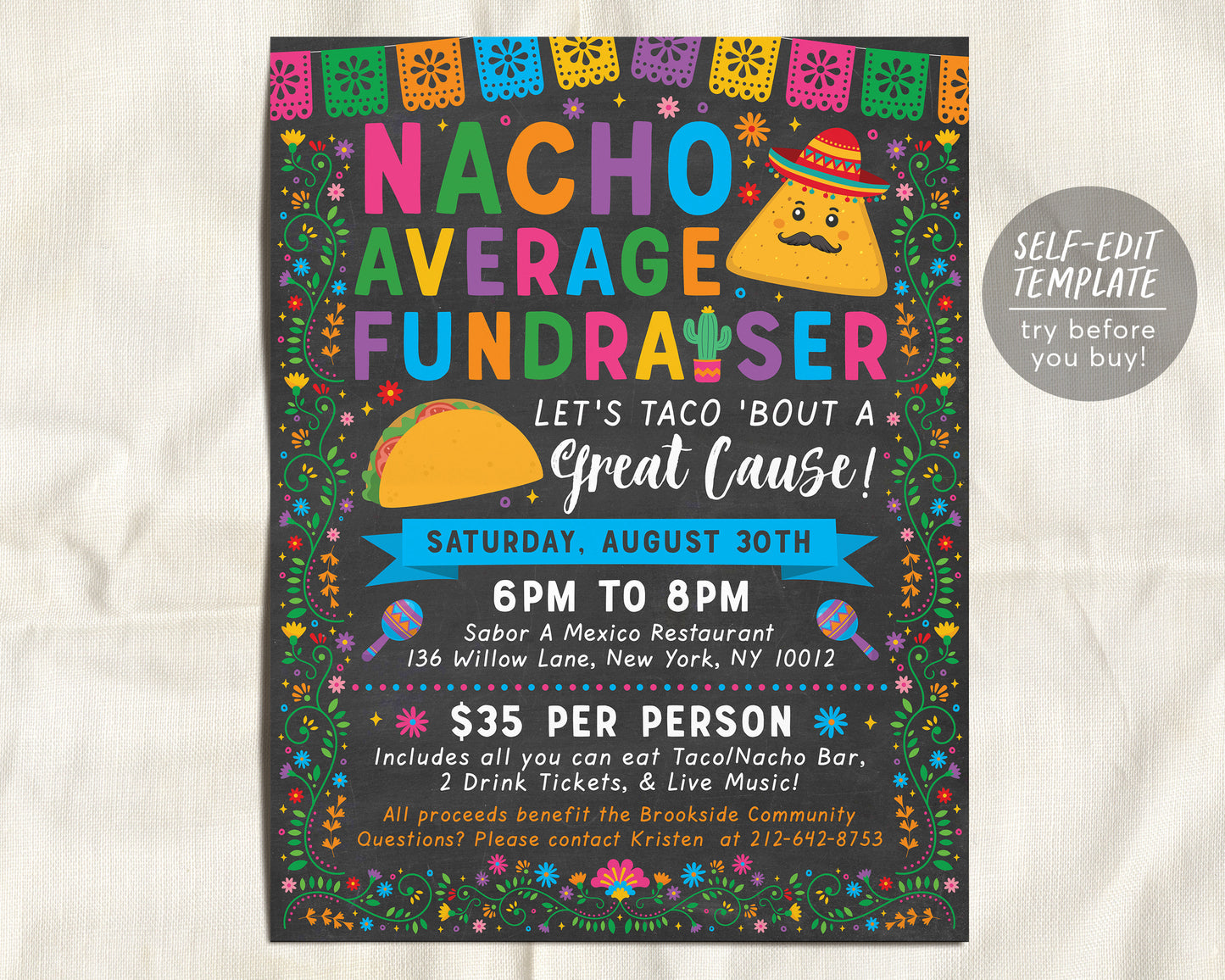 Taco Nacho Bar Fundraiser Flyer Editable Template, Fiesta Charity Nacho Average Mexican Theme, Church Community PTO PTA School Benefit Event