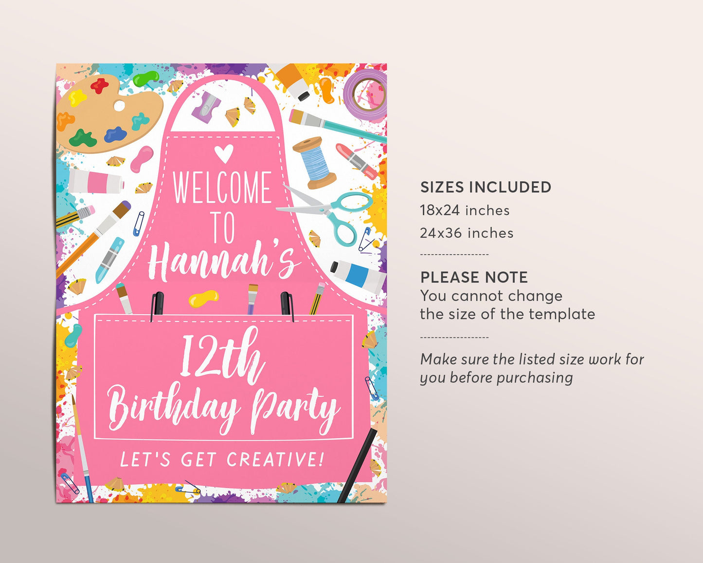 Art Party Birthday Poster Birthday Party Editable Template, Crafts Art Studio Painting Girl Welcome Sign, Craft Pink Apron Instant Download