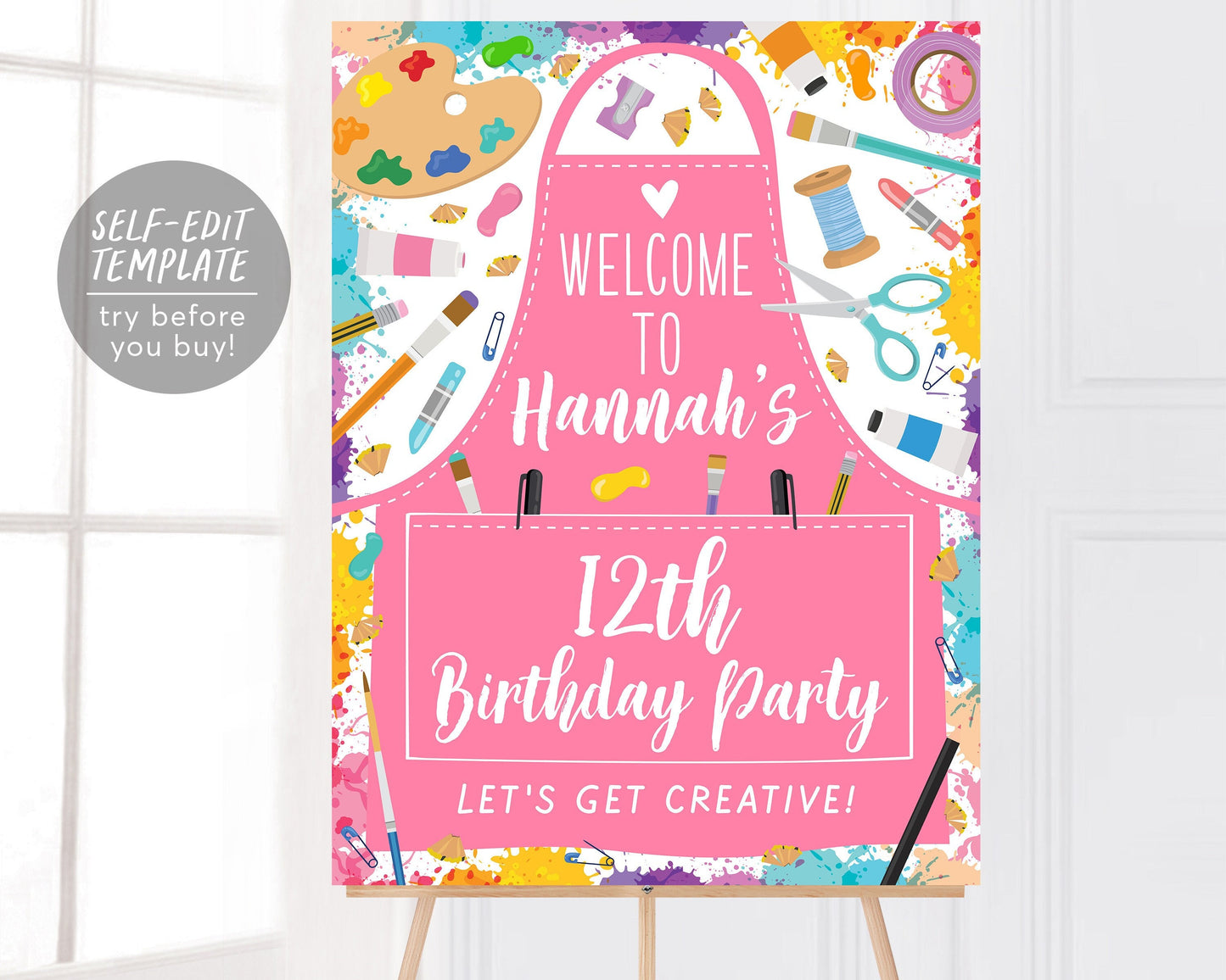 Art Party Birthday Poster Birthday Party Editable Template, Crafts Art Studio Painting Girl Welcome Sign, Craft Pink Apron Instant Download