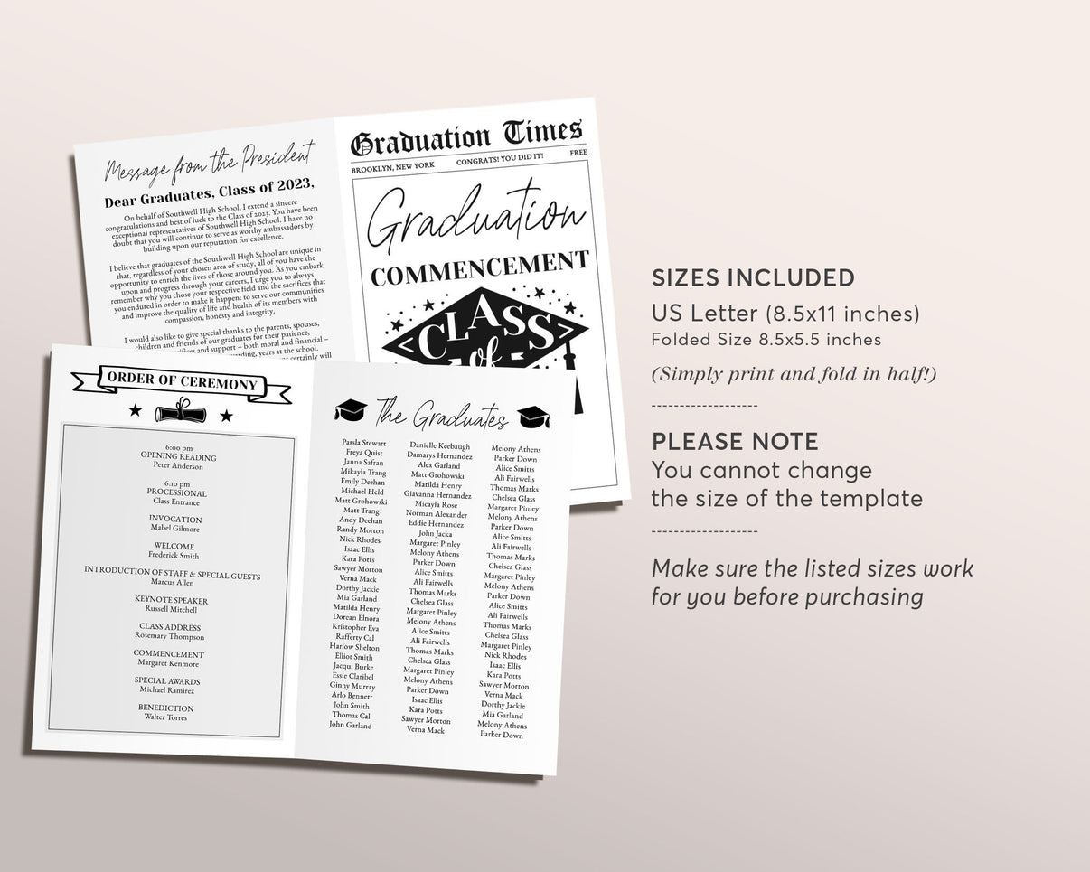 Graduation Program Editable Template Pamphlet Booklet Newspaper High