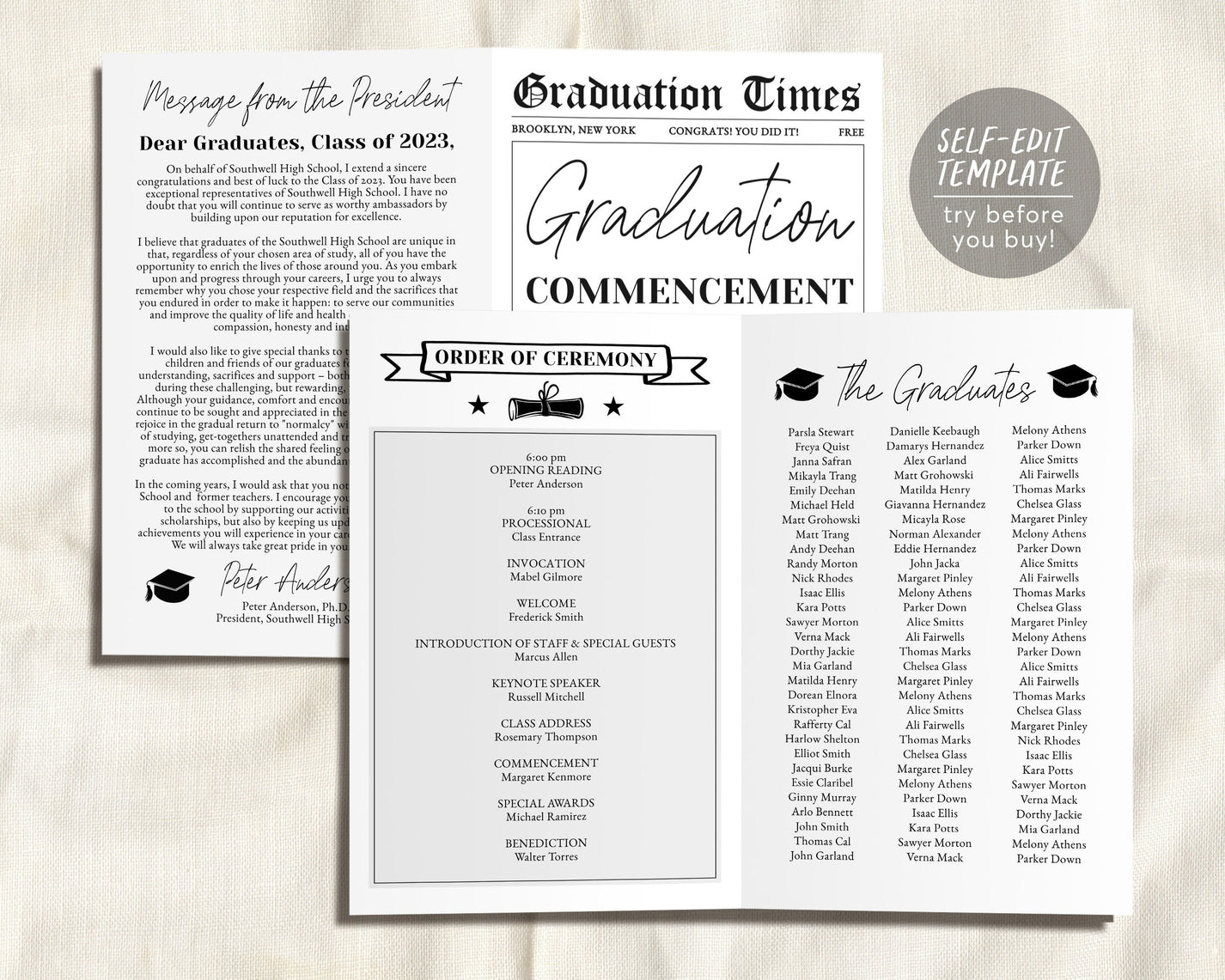 Graduation Program Editable Template Pamphlet Booklet Newspaper High