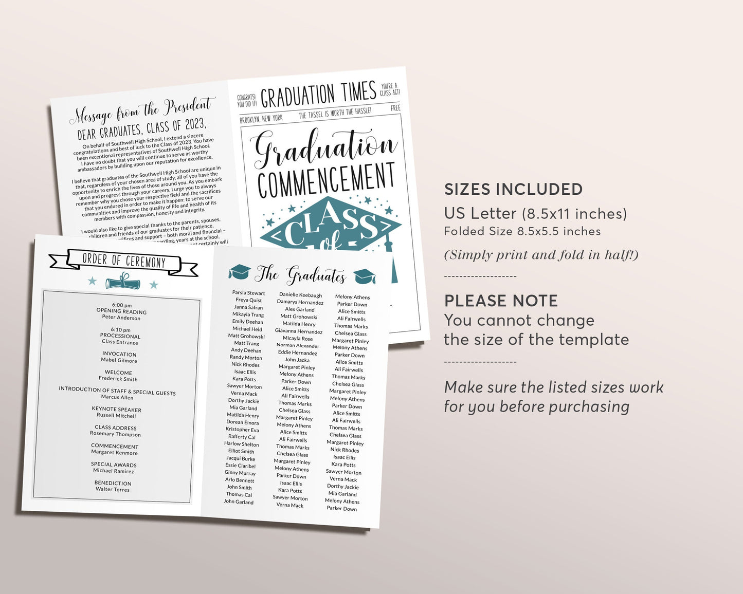 Graduation Program Editable Template, Pamphlet Booklet Newspaper High School Graduation, Commencement College Church 8th Grade Ceremony