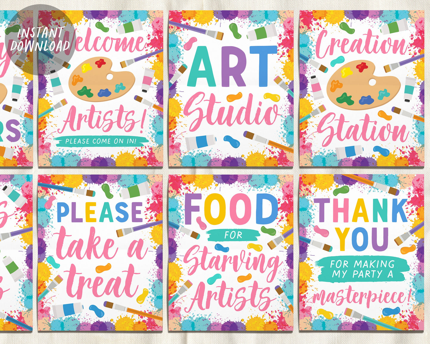 Art Party Signs BUNDLE For Birthday, Painting Themed Girl Party Signage Table, Art Studio Paint Craft Artist Decor Poster Instant Download