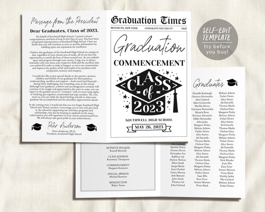 Graduation Program Editable Template, Pamphlet Booklet Newspaper High School Graduation, Commencement College Church 8th Grade Ceremony