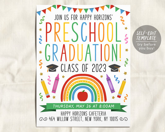 Preschool Graduation Invitation Flyer Editable Template, Pre-K Kindergarten Class Graduation Announcement, Graduation Ceremony Invite Evite