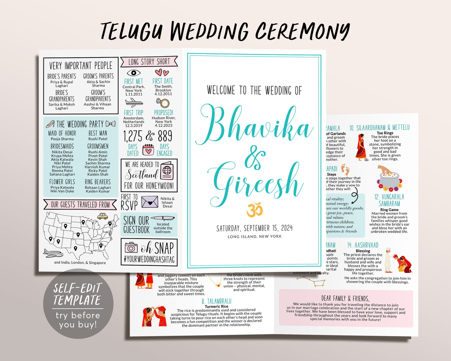 Telugu Ceremony Program Editable Template, South Indian Infographic Wedding Guide, Hindu Reception, Folded Modern Wedding Program Printable