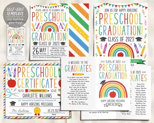 Preschool Graduation Ceremony BUNDLE Editable Template, Pre-K Kindergarten Class Graduation Certificate, Graduation Ceremony Invite Evite