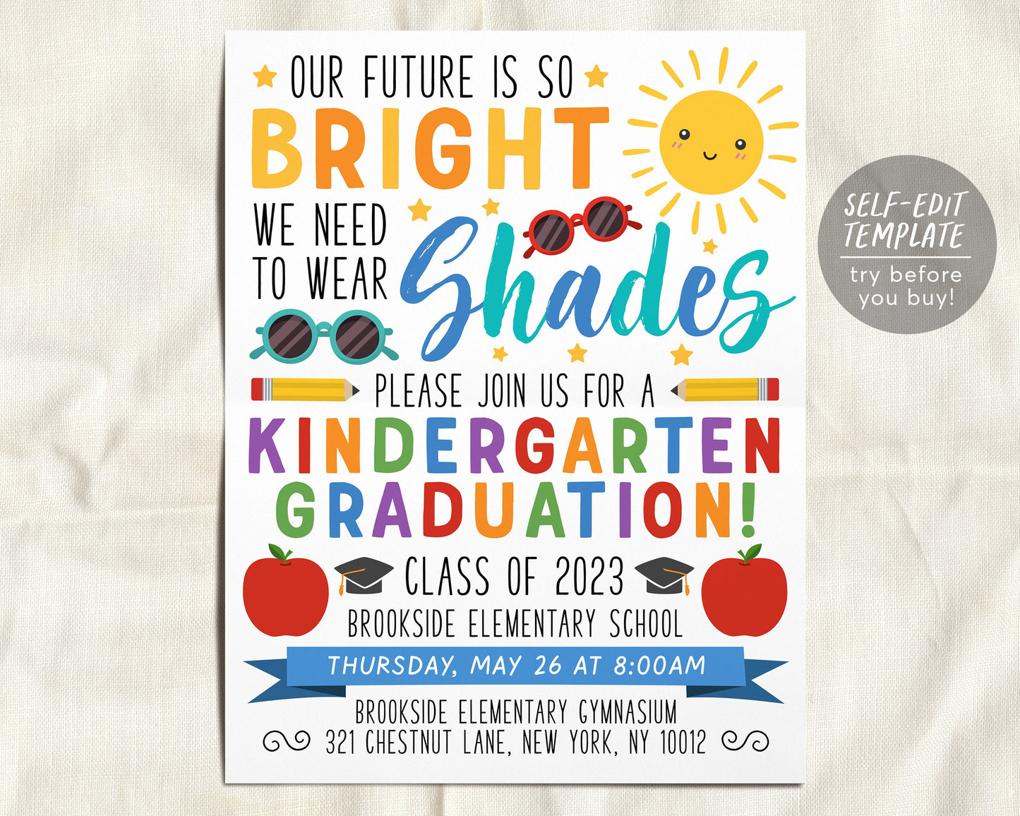 Kindergarten Graduation Invitation Flyer Editable Template, Preschool Class Graduation Announcement, Future is So Bright Ceremony Invite