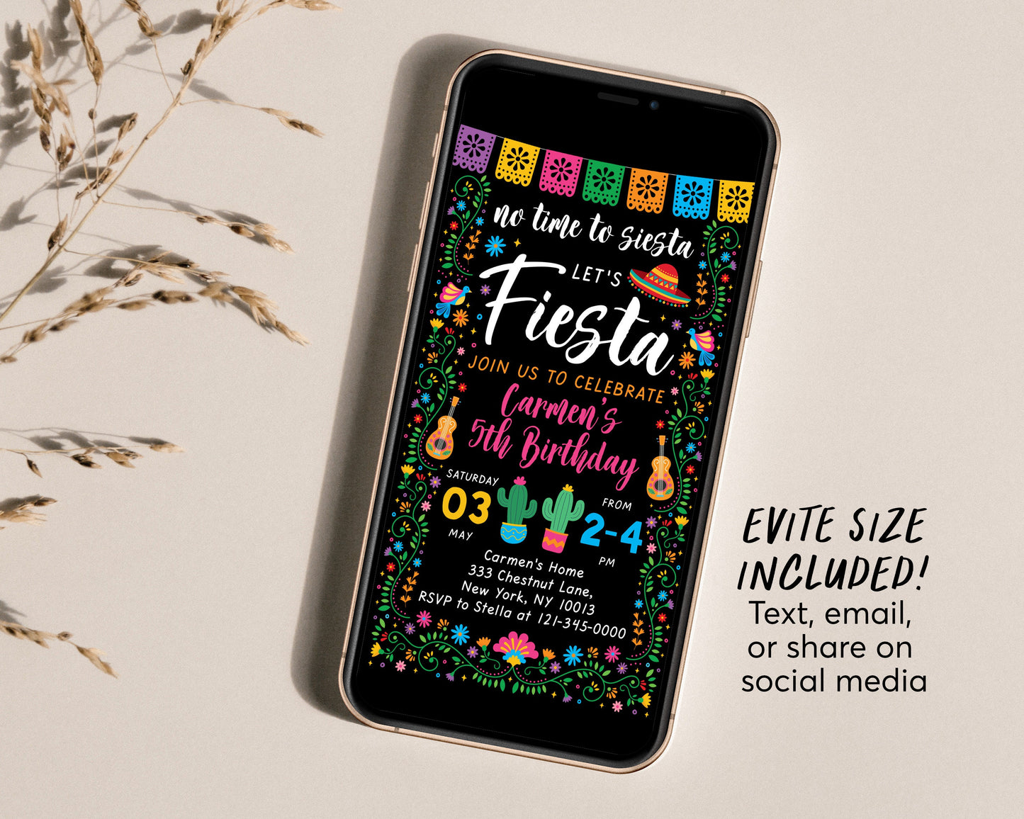 Fiesta Birthday Party Invitation Editable Template, Mexican Theme Girl Party Evite, No Time To Siesta Cinco De Mayo Cactus Succulent