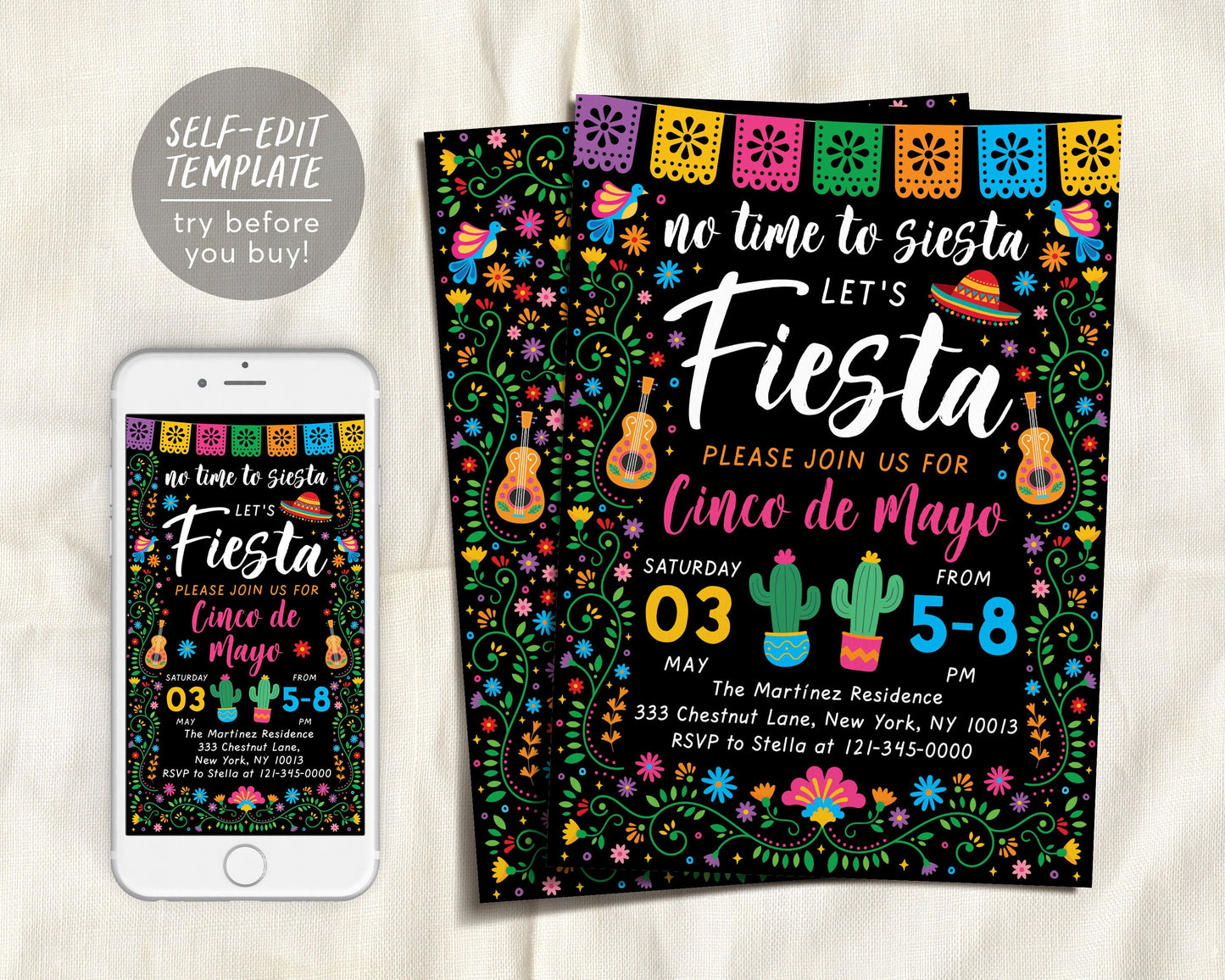 Cinco De Mayo Party Invitation Editable Template, Mexican Fiesta Theme Party Evite, No Time To Siesta Cactus Succulent, Instant Download