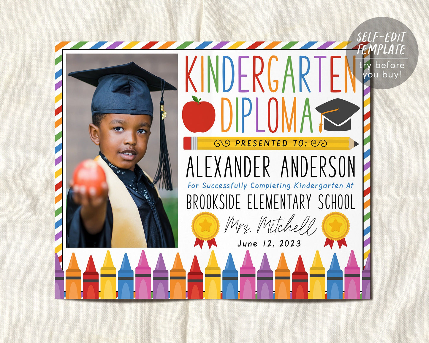Kindergarten Graduation Diploma With Photo Editable Template, Kindergarten Certificate of Completion, Preschool PreK Ceremony Announcement