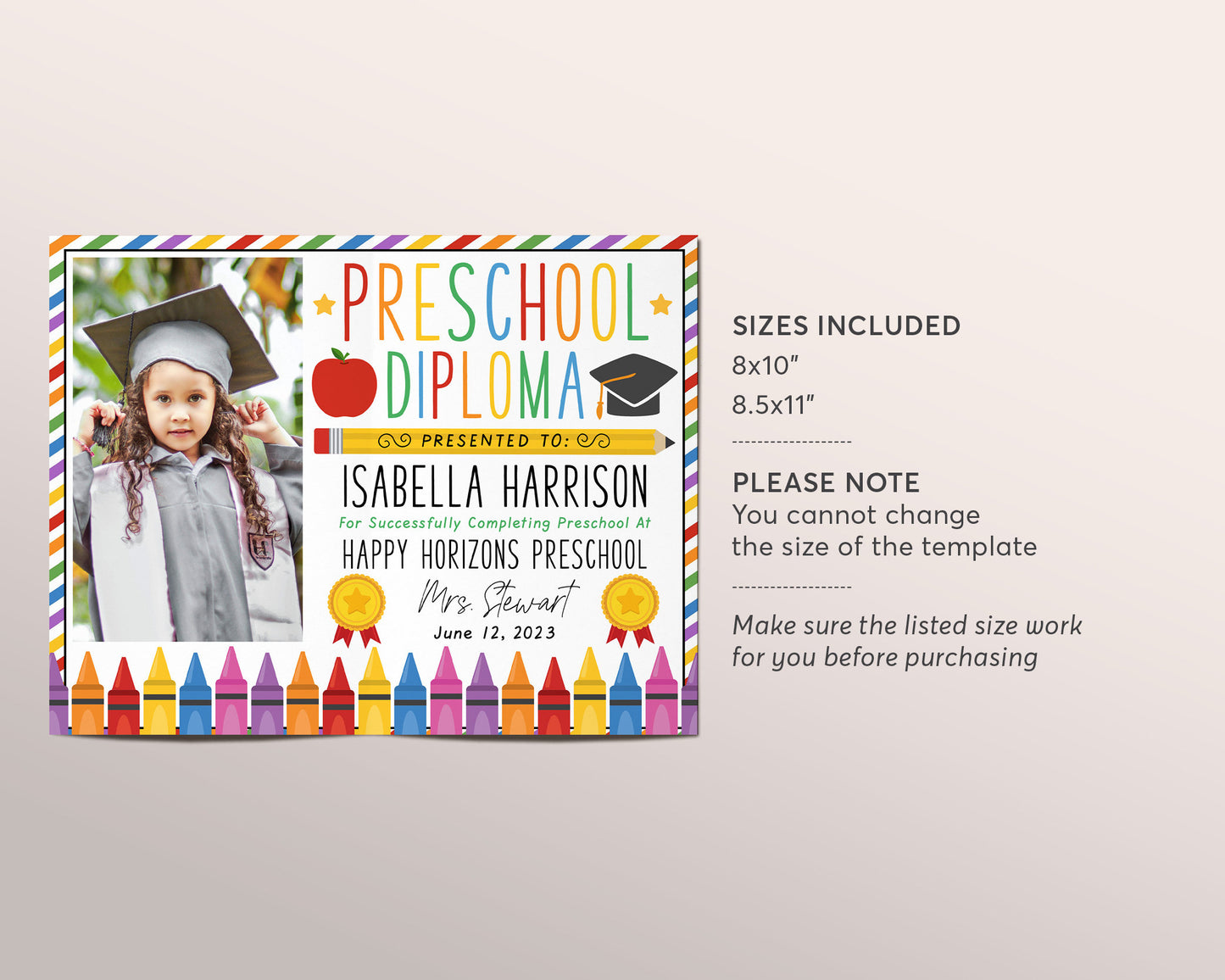 Preschool Graduation Diploma With Photo Editable Template, PreK Kindergarten Certificate of Completion, Personalized School Pre-K Sign