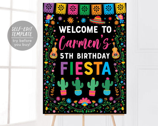 Mexican Fiesta Birthday Welcome Sign Editable Template, Cactus Hat Mexican Party Girl Welcome Sign Printable Cinco de Mayo Party Decorations