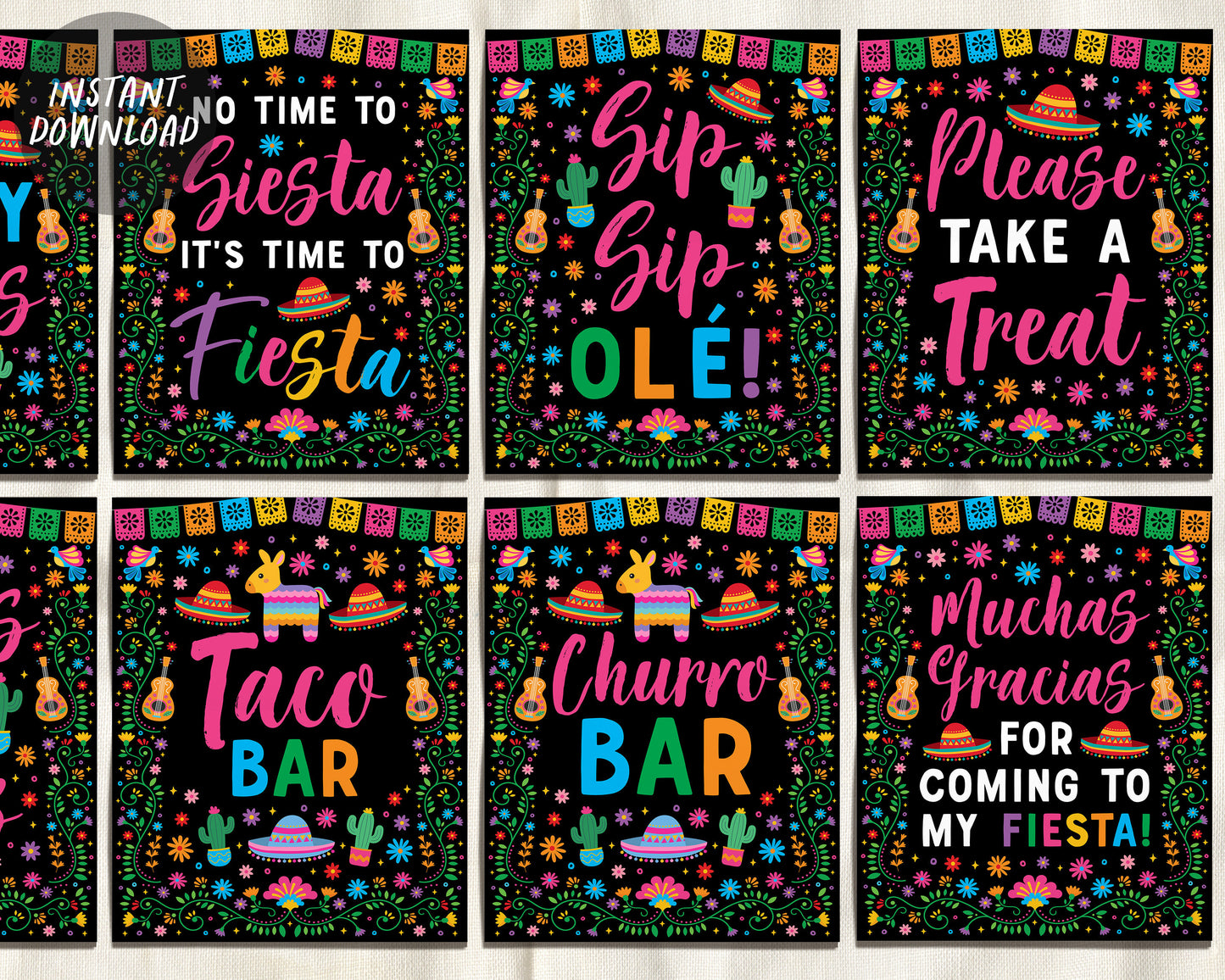 Fiesta Party Signs BUNDLE For Birthday, Mexican Theme Cinco de Mayo Signage, Taco Churro Bar Food Table Sign, Sip Sip Ole, Muchas Gracias