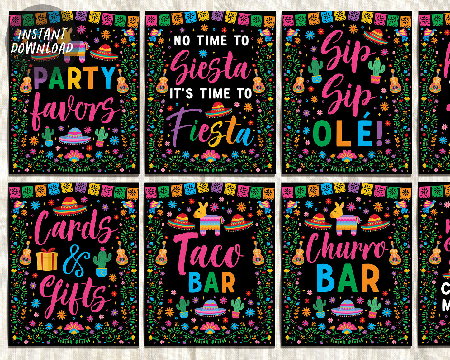 Fiesta Party Signs BUNDLE For Birthday, Mexican Theme Cinco de Mayo Signage, Taco Churro Bar Food Table Sign, Sip Sip Ole, Muchas Gracias