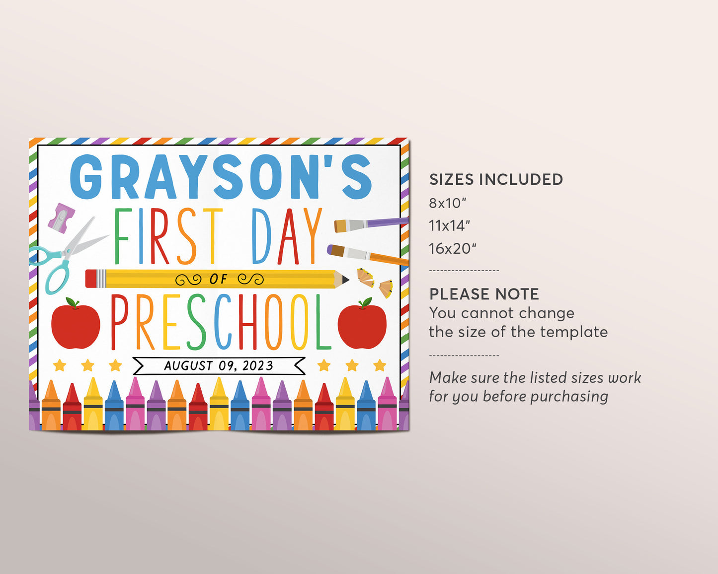 Back to School Sign Editable Template, First Day Of School Preschool Pre K Poster Photo Prop Printable, Personalized School Sign Elementary