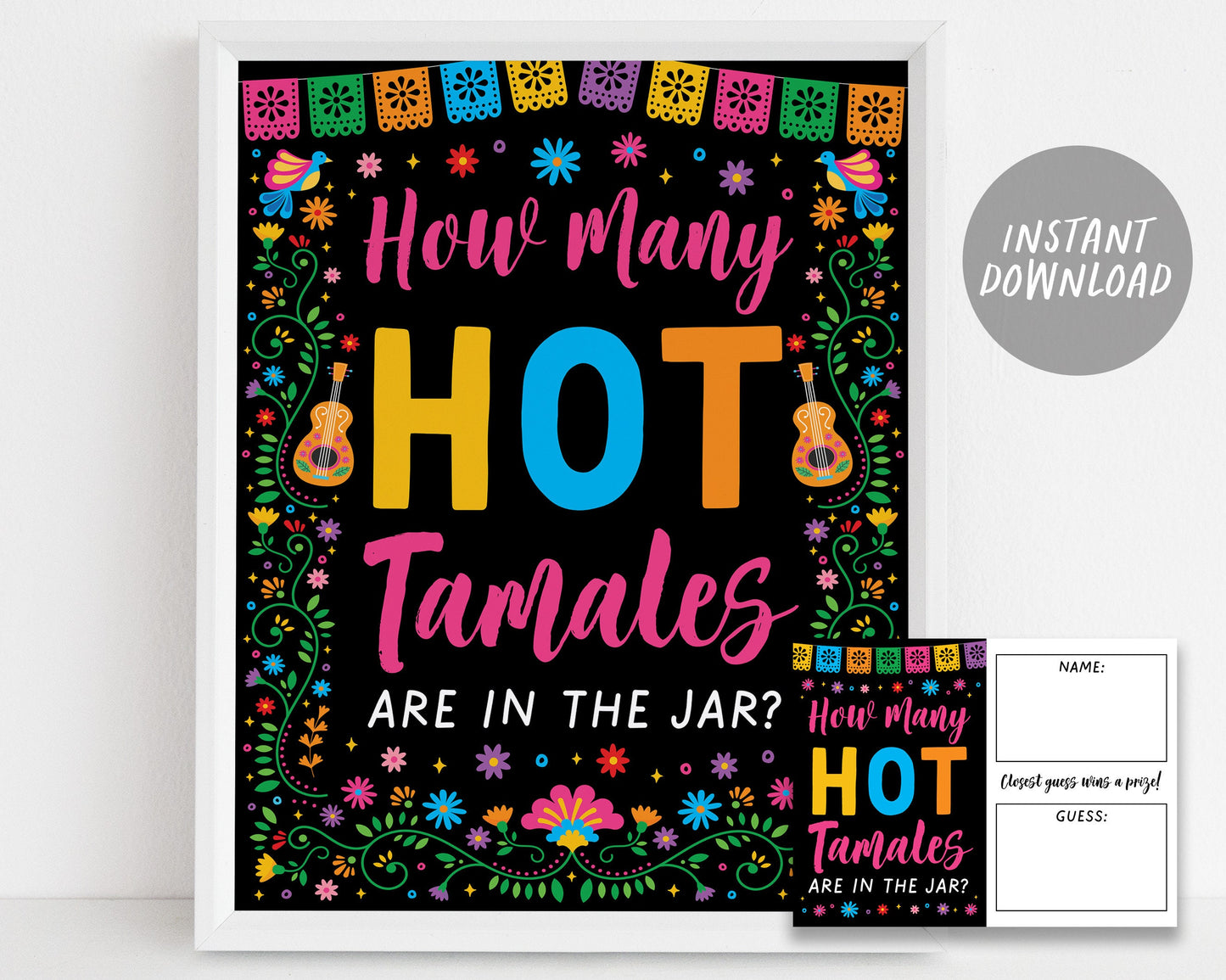 Fiesta Party Signs BUNDLE For Baby Shower, Mexican Theme Diaper Raffle Games, Guess How Many Hot Tamales, Momosa Mimosa Taco Food Table Sign