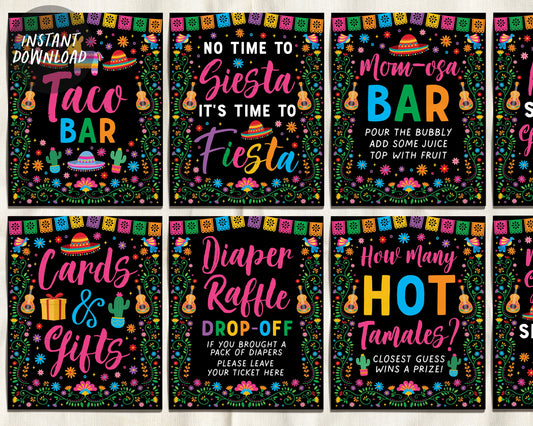 Fiesta Party Signs BUNDLE For Baby Shower, Mexican Theme Diaper Raffle Games, Guess How Many Hot Tamales, Momosa Mimosa Taco Food Table Sign