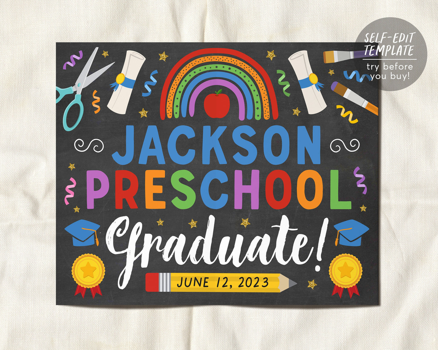 Preschool Boy Graduation Chalkboard Sign Editable Template, Pre K Kindergarten Graduation Poster Printable Last day of School Photo Prop