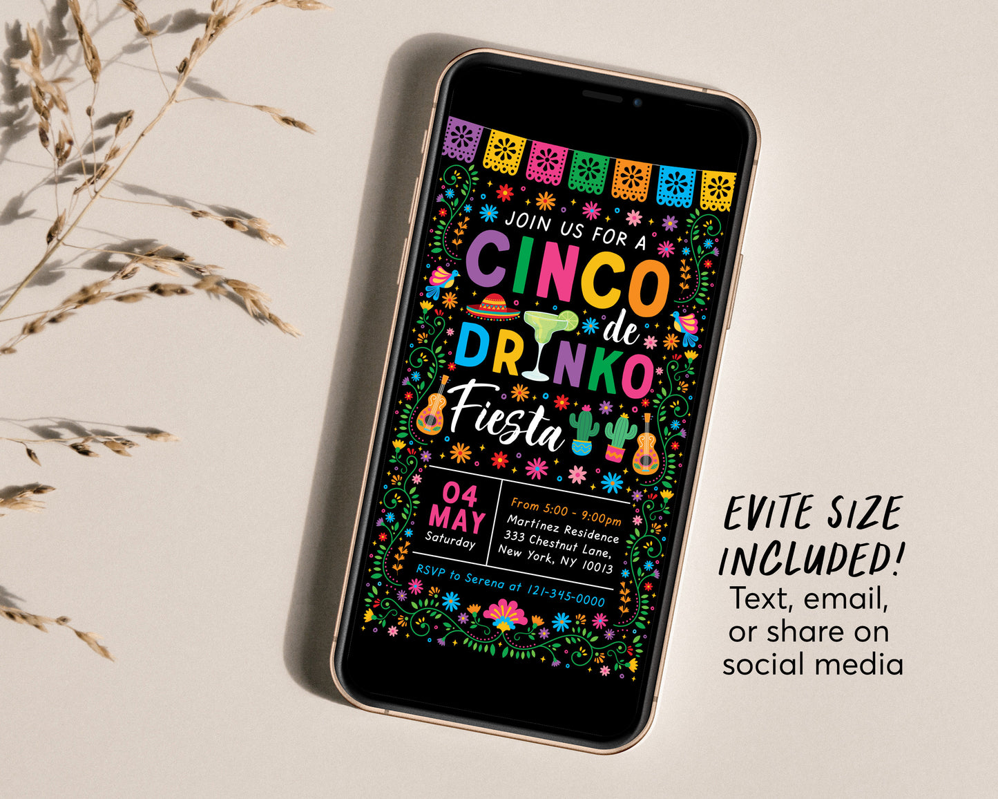 Cinco De Drinko Party Invitation Editable Template, Cinco De Mayo Margarita Mexican Fiesta Theme Adult Birthday Party Evite Printable